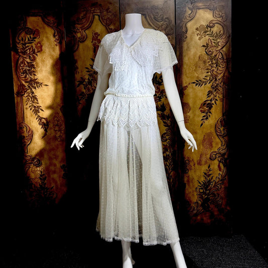 JESSICA MCCLINTOCK Vintage 1970s dress, Sheer White Net Blouson Peplum wedding dress Dress