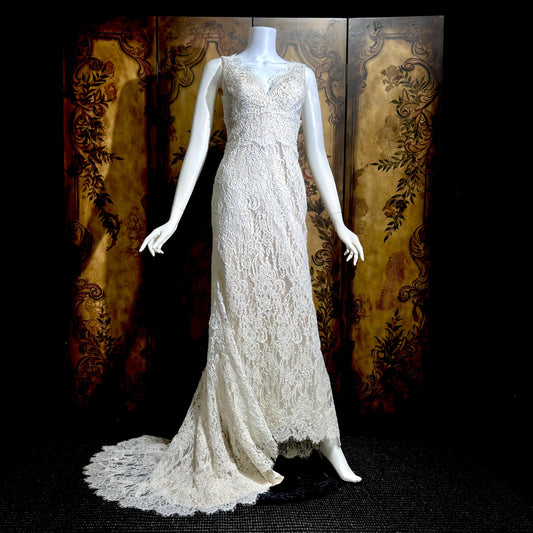 JIM HJELM vintage wedding dress gown, KLEINFELD 1990s white lace slip dress w train