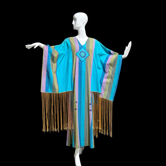 JOSEFA Vintage 1970s Caftan Kaftan dress, Mexican Designer Cotton Hippie Boho Long Maxi Dress with fringe