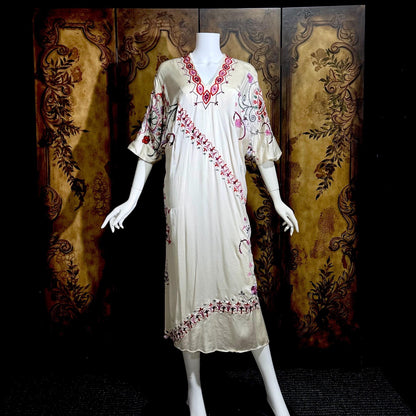 JOSIE NATORI COUTURE vintage Y2K Silk Caftan Dress, white silk embroidered shift dress
