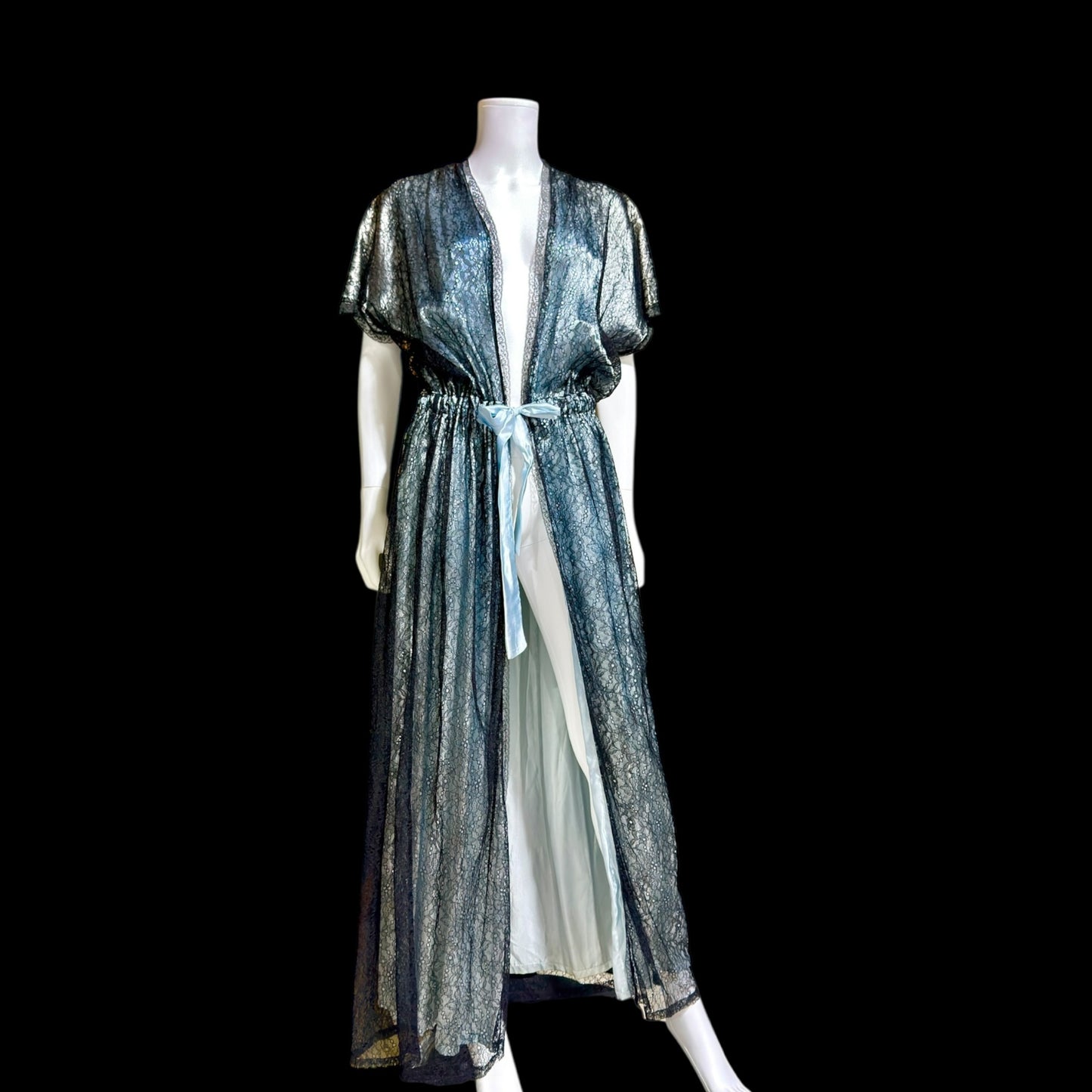 JUVENTA vintage 1930s dressing gown robe, sheer black lace with blue satin peignoir housecoat, Made in France
