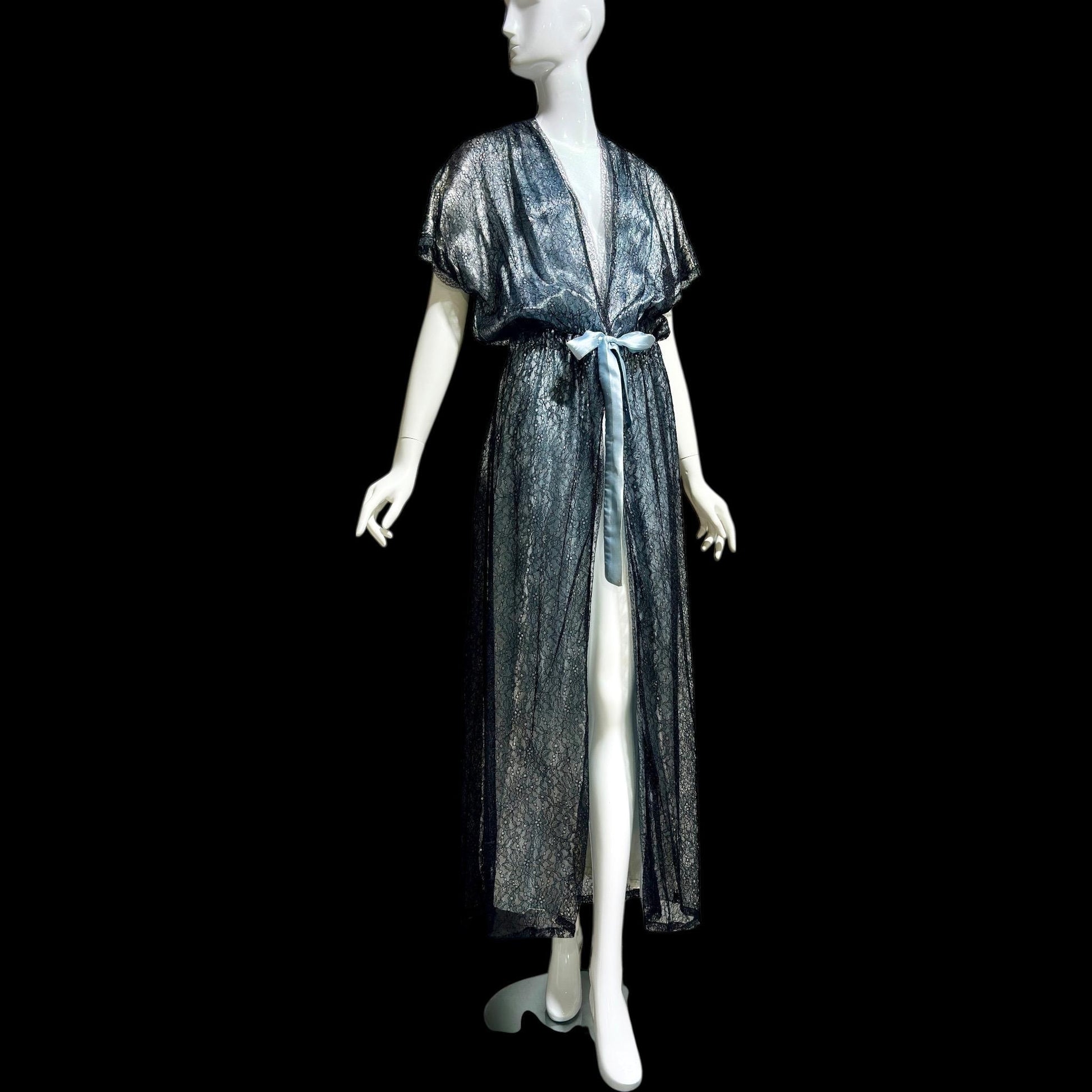 JUVENTA vintage 1930s dressing gown robe, sheer black lace with blue satin peignoir housecoat, Made in France