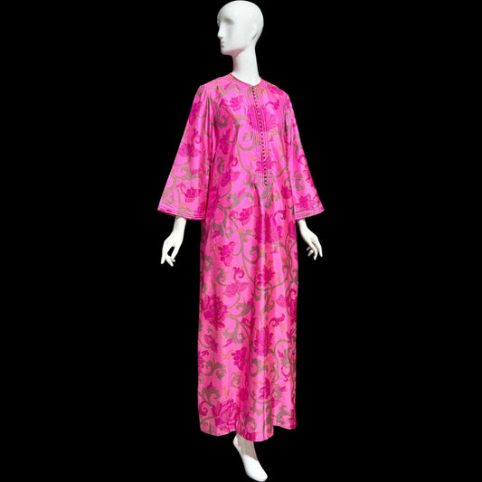 JIM THOMPSON, vintage 1960s Thai Silk caftan maxi dress, Hot pink lotus blossom floral gown, Hippie Boho Kaftan Dress