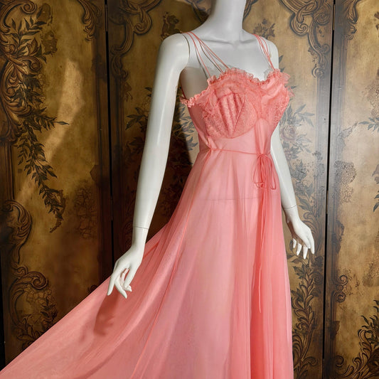 Vintage 1940s Nightgown Slip dress, KICKERNICK Peachy Pink Sheer Lace ruffle lingerie dress