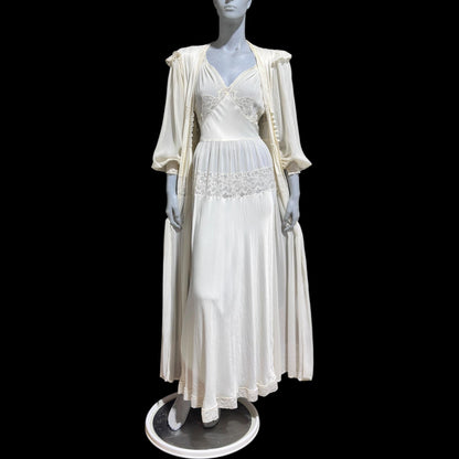 LADY DUFF Vintage 1940s Nightgown Robe Set, Bridal White Peignoir Dressing Gown & Slip Lingerie Dress