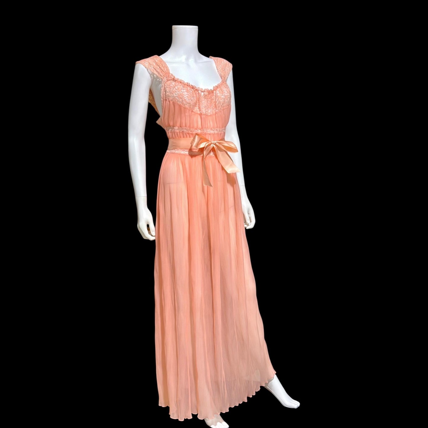 LADY DUFF vintage 1940s Nightgown slip dress, Micro pleat peach nylon sheer lingerie gown