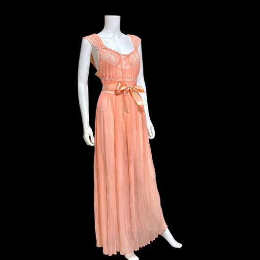 LADY DUFF vintage 1940s Nightgown slip dress, Micro pleat peach nylon sheer lingerie gown