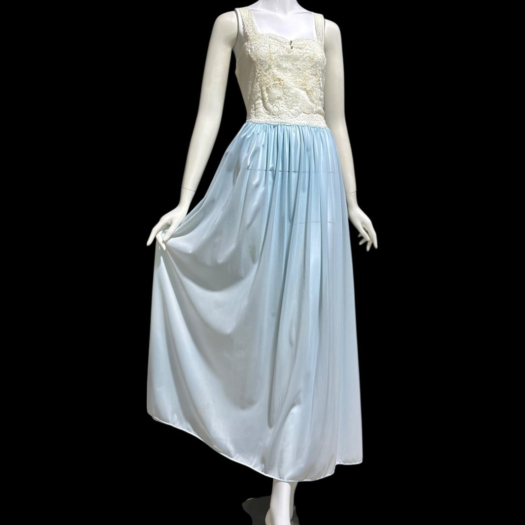 By IRIS, vintage 1930s Nightgown robe set, ethereal blue and white sheer waffled nylon slip dress and dressing gown, peignoir set