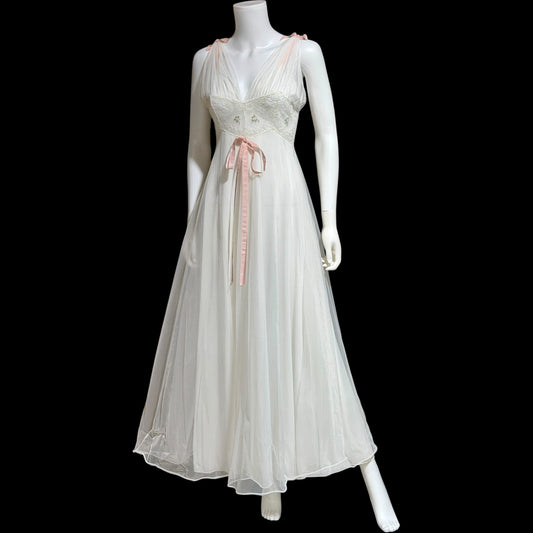 LAROS, Vintage 1940s nightgown slip dress, white double chiffon with pink embroidered flowers, wedding night dress
