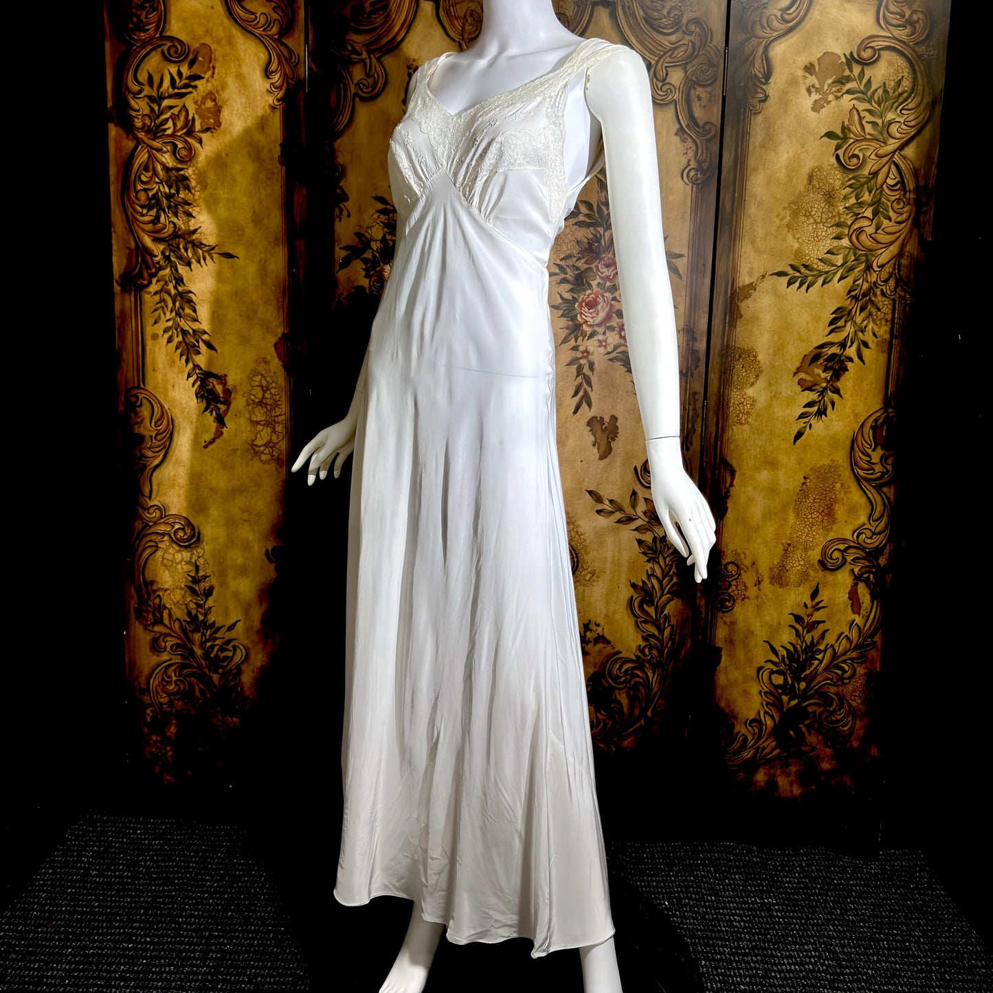 LAROS vintage 1940s nightgown slip dress, white bias cut rayon lingerie dress