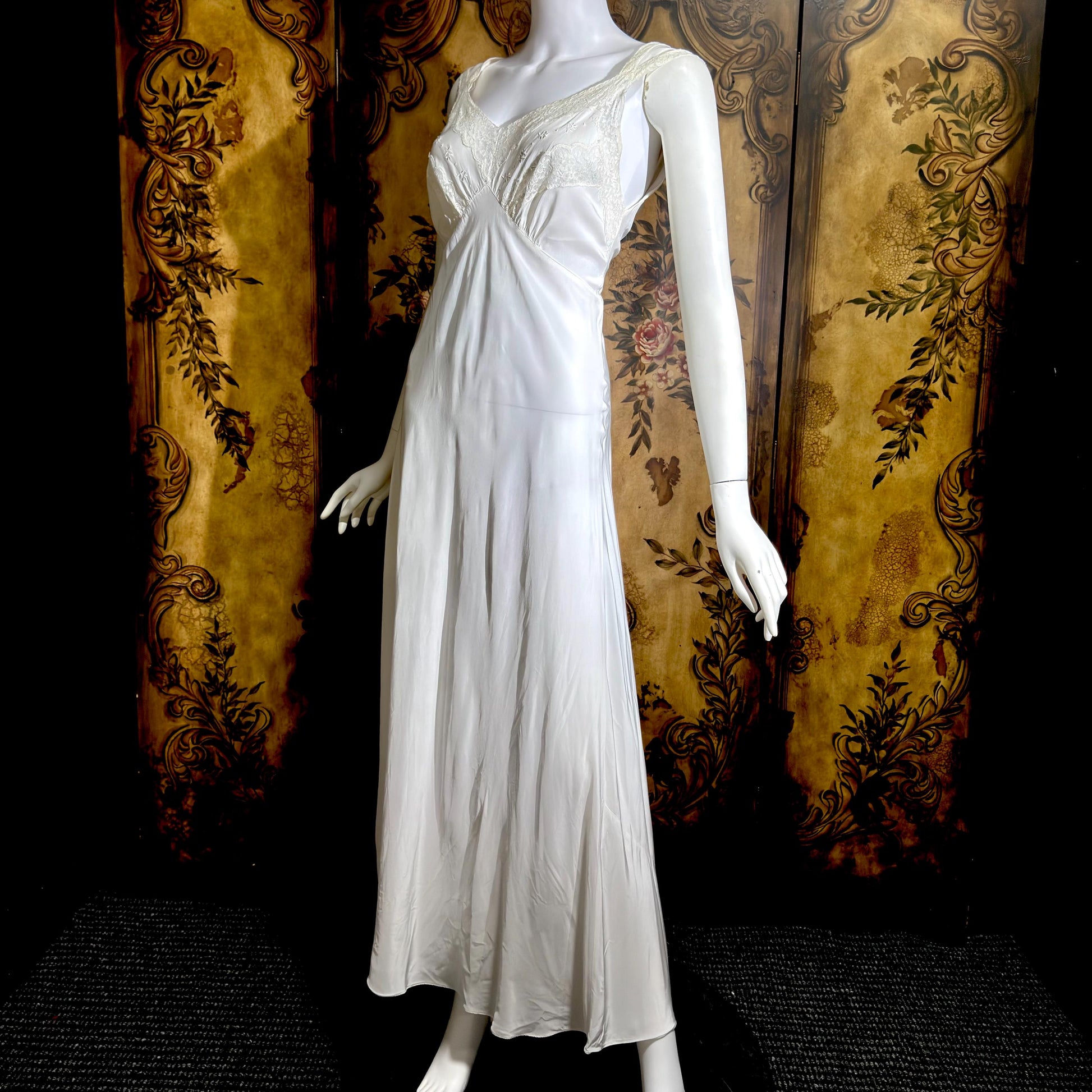 LAROS vintage 1940s nightgown slip dress, white bias cut rayon lingerie dress