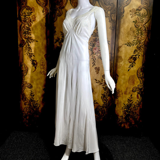 LAROS vintage 1940s nightgown slip dress, white bias cut rayon lingerie dress