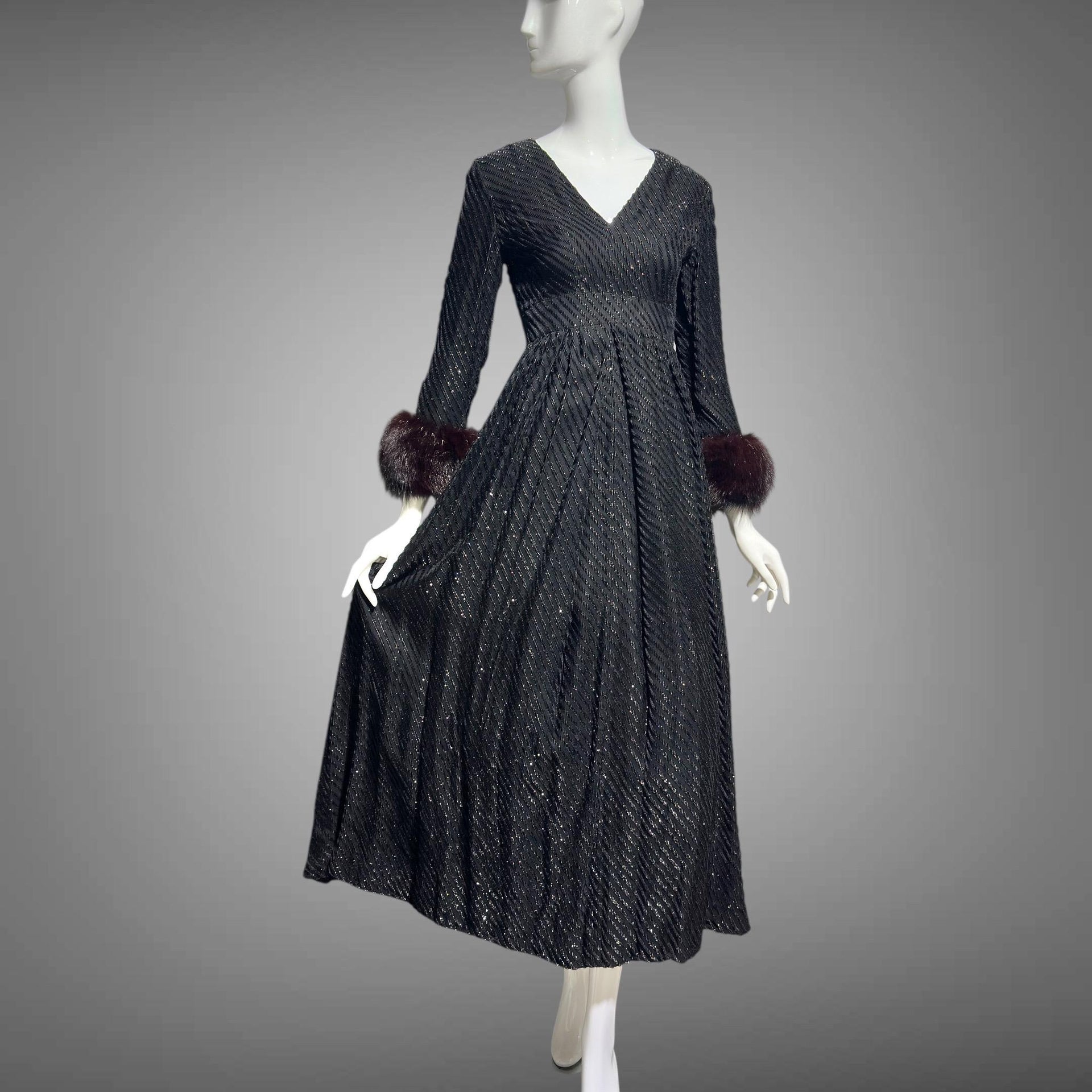 Lillie Rubin Vintage 1970s Evening Gown, Black Eye Lash Sparkly Gown with Fur Cuffs