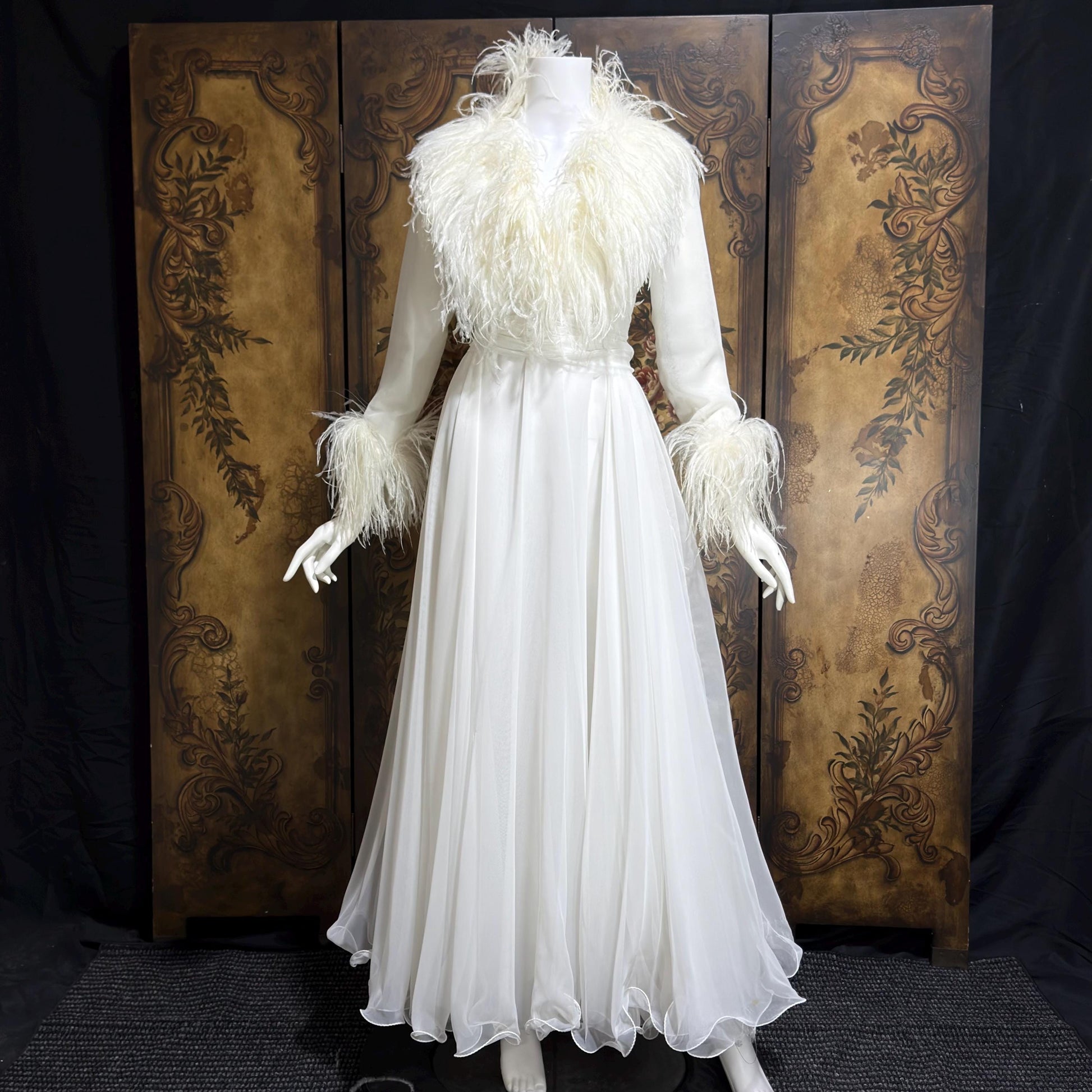 LILLIE RUBIN Vintage evening dress gown, 1970s White Chiffon Ostrich Feather Gown