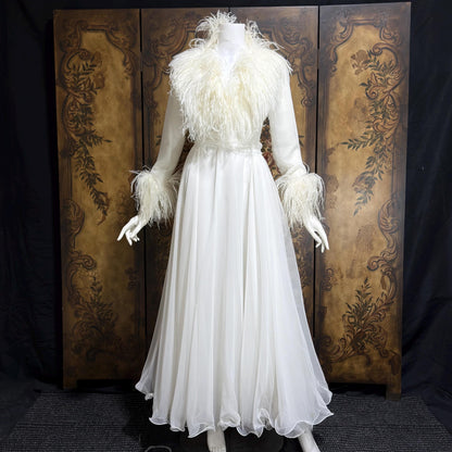 LILLIE RUBIN Vintage evening dress gown, 1970s White Chiffon Ostrich Feather Gown