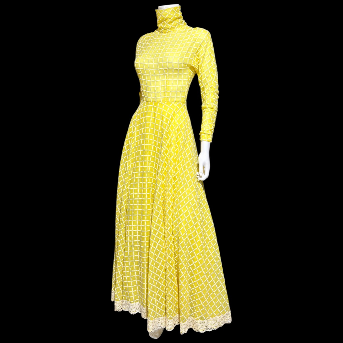 LILLIE RUBIN vintage 1970s evening dress gown, lemon yellow windowpane plaid ball gown