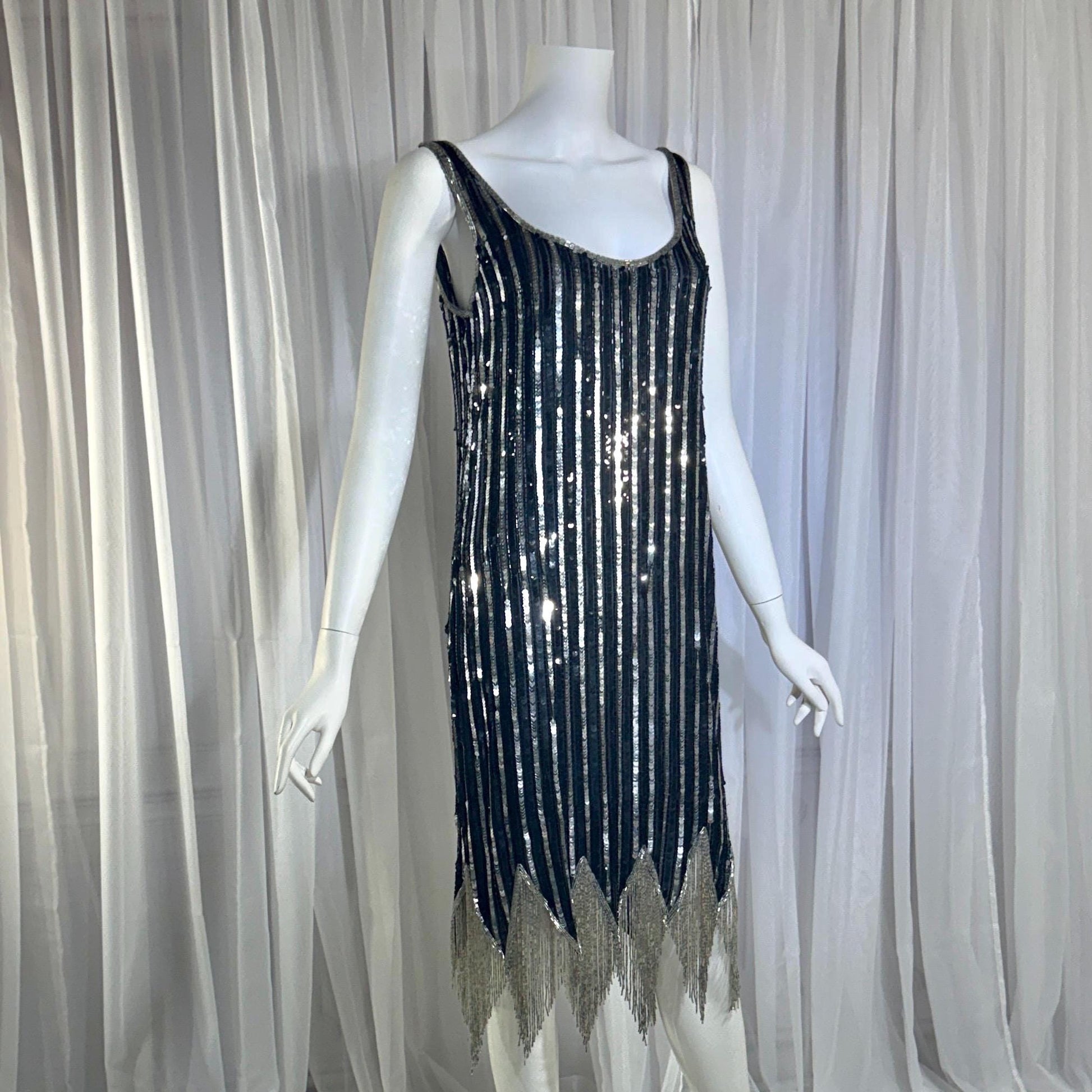 LILLIE RUBIN vintage evening cocktail dress, 1980s Black & Silver sequin disco fringe flapper slip dress