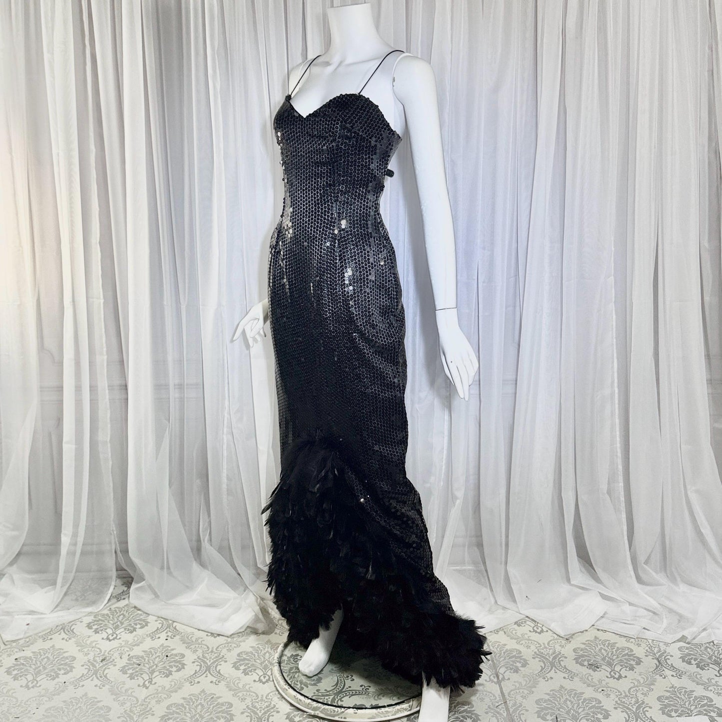 LILLIE RUBIN vintage evening dress gown, 1980s Black Sequin Feather Trim slip gown