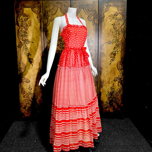 LILLI DIAMOND vintage 1970s Maxi dress, Red White Tiered Picnic voile halter dress