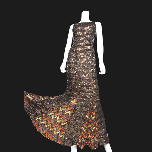 LILLI DIAMOND vintage evening dress gown, 1960s Brown sequin bodycon mermaid dress