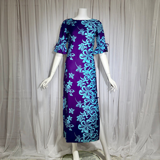 LORD & TAYLOR vintage 1960s Hawaiian evening dress, purple and blue floral print cotton dress