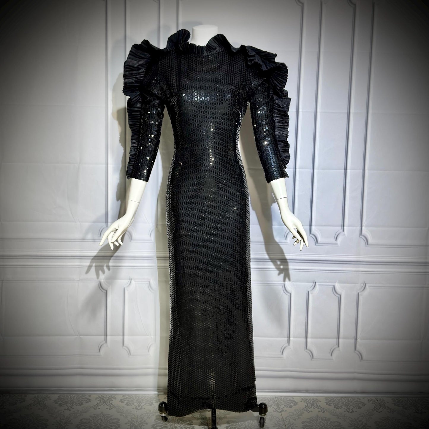 LORIS AZZARO Vintage evening dress gown, Giorgio Beverly Hills, Bodycon Black Sequin sheath, Malelificent