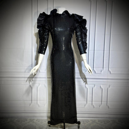 LORIS AZZARO Vintage evening dress gown, Giorgio Beverly Hills, Bodycon Black Sequin sheath, Malelificent