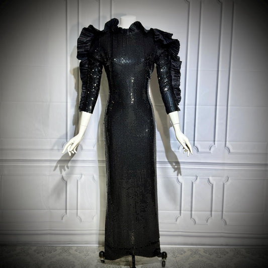 LORIS AZZARO Vintage evening dress gown, Giorgio Beverly Hills, Bodycon Black Sequin sheath, Malelificent