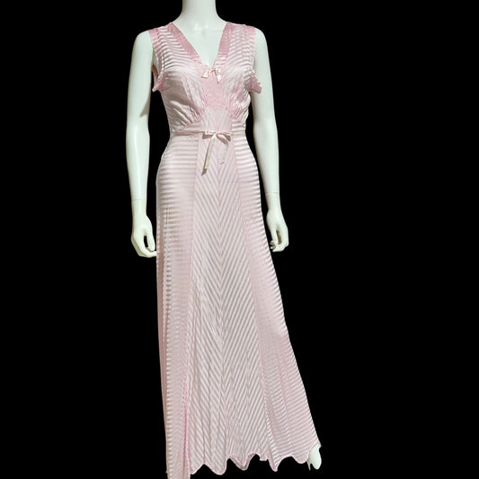 LORRAINE vintage 1940s Nightgown Slip Dress: Pink Shadow Stripe Rayon Night dress