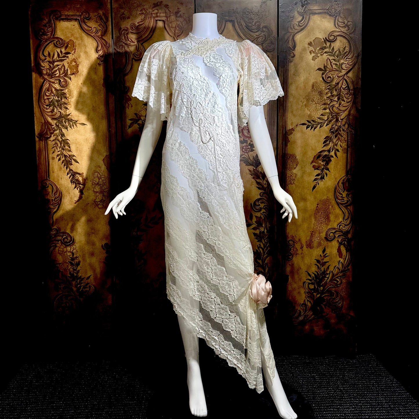 LORRIE KABALA Vintage 1980s wedding dress, white lace high neck sequins beads, removable sleeves & gloves
