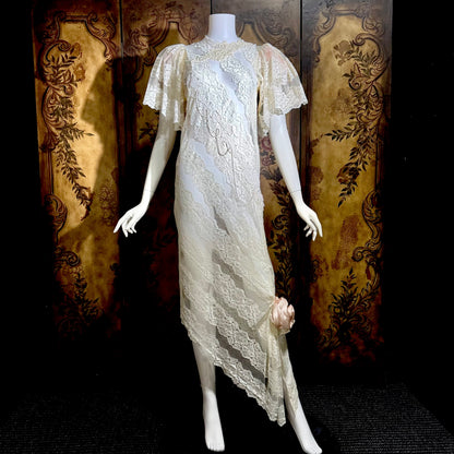 LORRIE KABALA Vintage 1980s wedding dress, white lace high neck sequins beads, removable sleeves & gloves