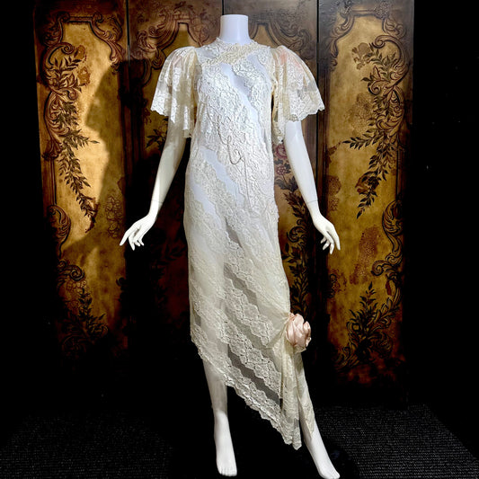 LORRIE KABALA Vintage 1980s wedding dress, white lace high neck sequins beads, removable sleeves & gloves