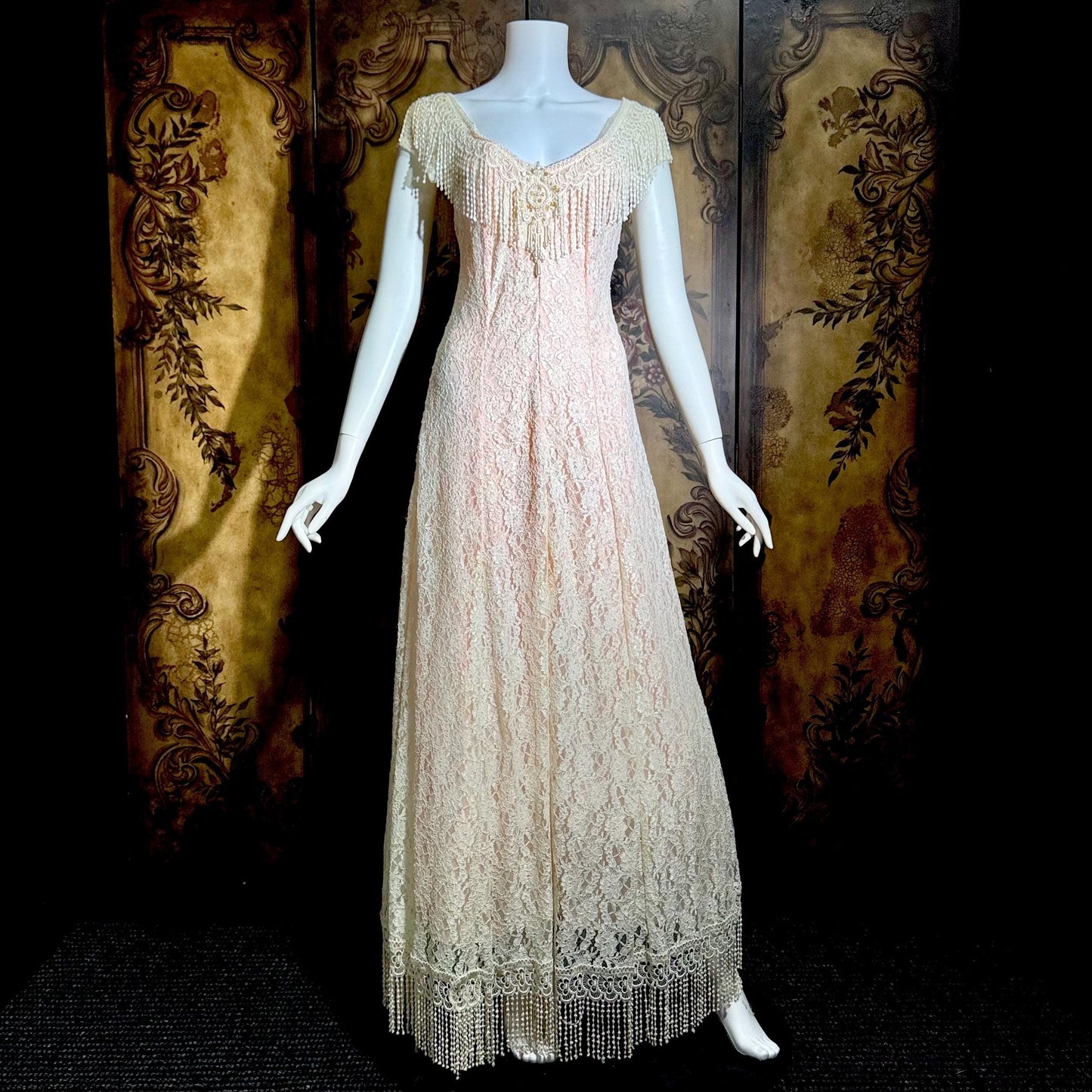 LORRIE KABALA Vintage wedding dress, 1980s pink and white lace beaded fringe gown