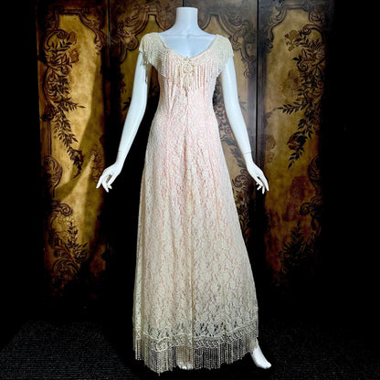 LORRIE KABALA Vintage wedding dress, 1980s pink and white lace beaded fringe gown