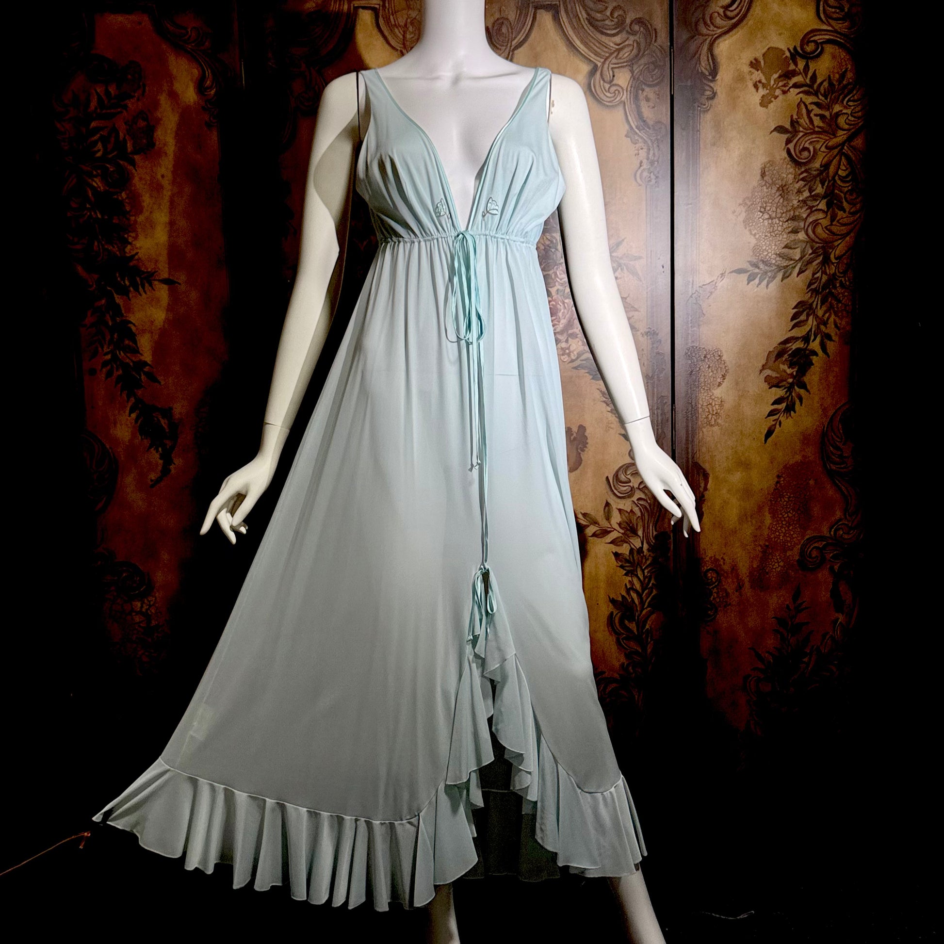 LUCIE ANN BEVERLY Hills, Claire Sandra vintage 1960s nightgown, powder blue jersey knit ruffled hem gown