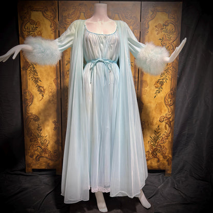 LUCIE ANN Claire Sandra peignoir set, vintage 1960s frothy blue marabou lingerie gown