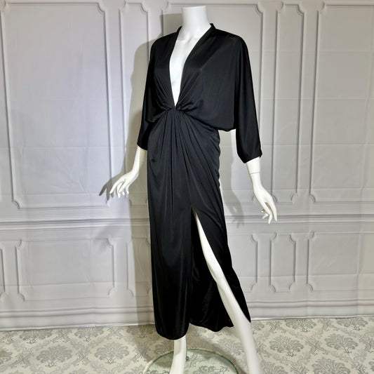 LUCIE ANN Vintage 1960s Evening Caftan, Black Slinky knit nylon Batwing Kaftan dress
