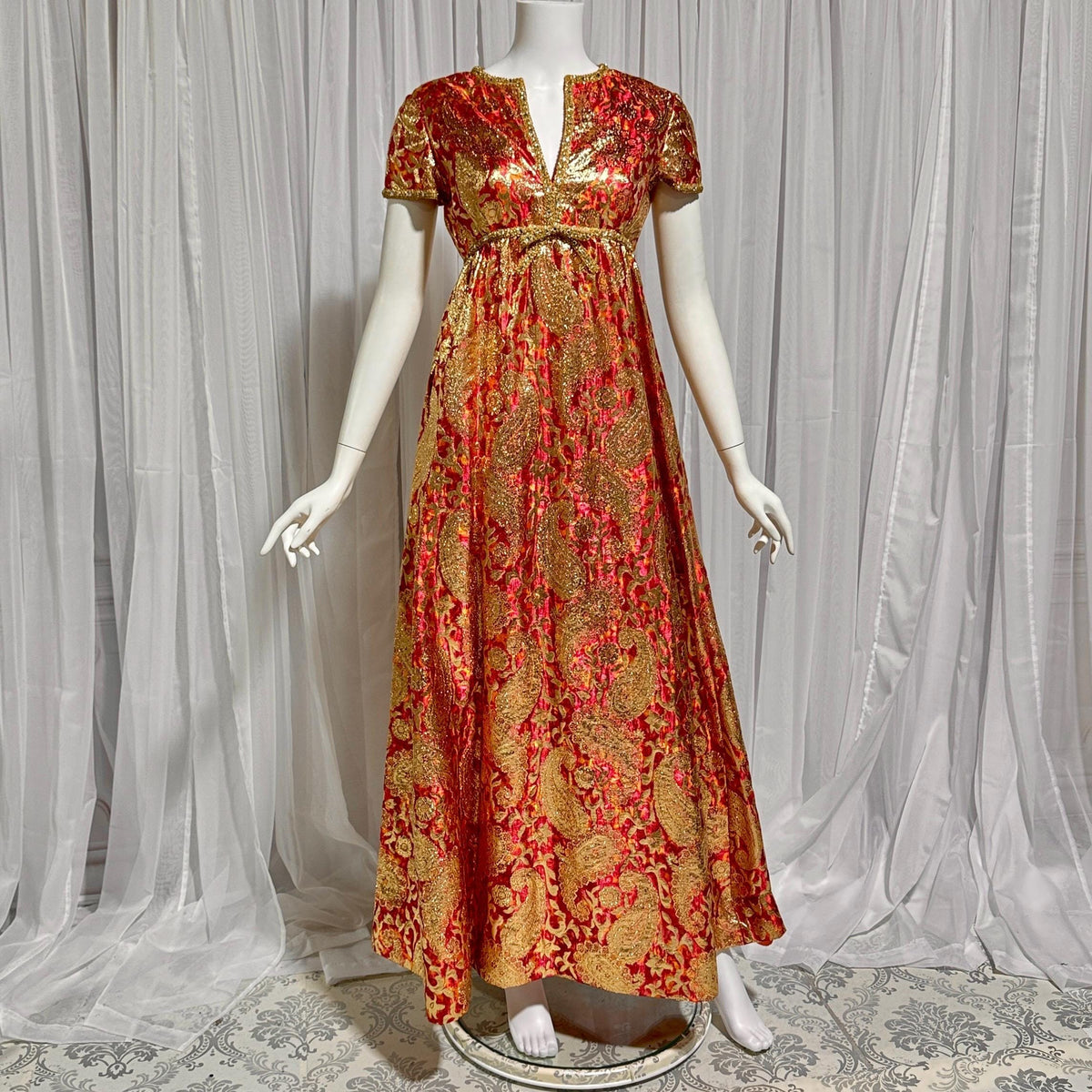 Vintage MALCOLM STARR evening gown, 1960s Bonwit Teller Metallic Brocade Empire Waist dress