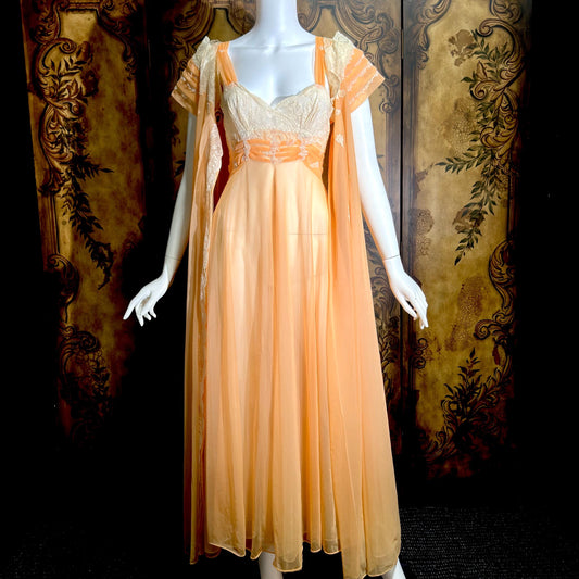 MALOOF Vintage 1950s nightgown robe set, peignoir set, Double layer Peach chiffon lingerie dress