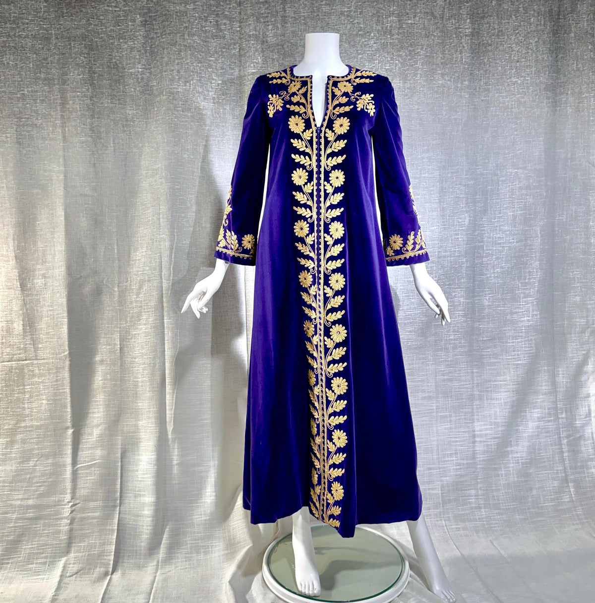 MALOUF Perfect Negligee, I. MAGNIN, 1960s vintage caftan evening dress, Royal Purple velvet and gold metallic & rhinestones Kaftan