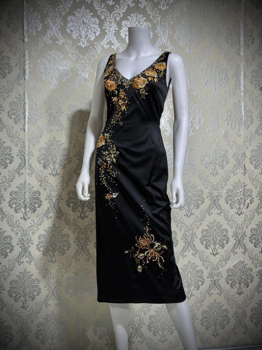 MANDALAY vintage evening cocktail dress, Y2K Embroiderd Black bodycon Midi dress
