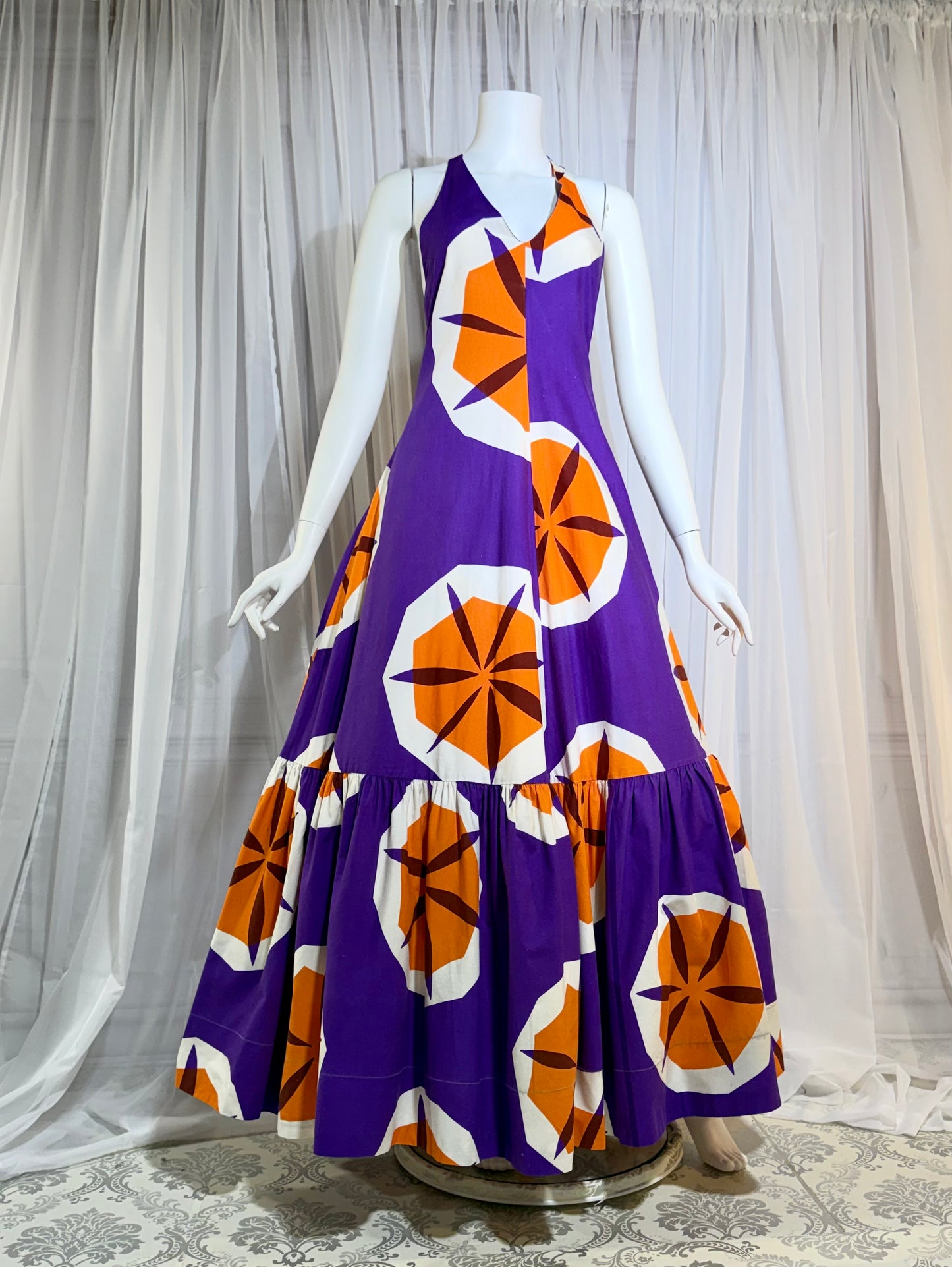 MARIMEKKO vintage 1970s maxi dress, Finland purple and orange op art cotton