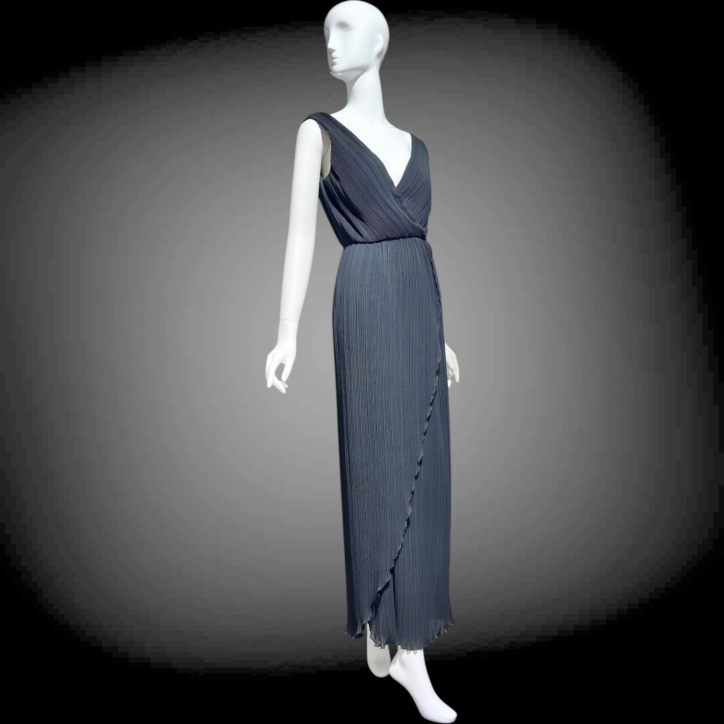 MARSHALL ROUSSO Las Vegas, vintage 1970s evening dress, black pleated plisse wrap front grecian goddess gown