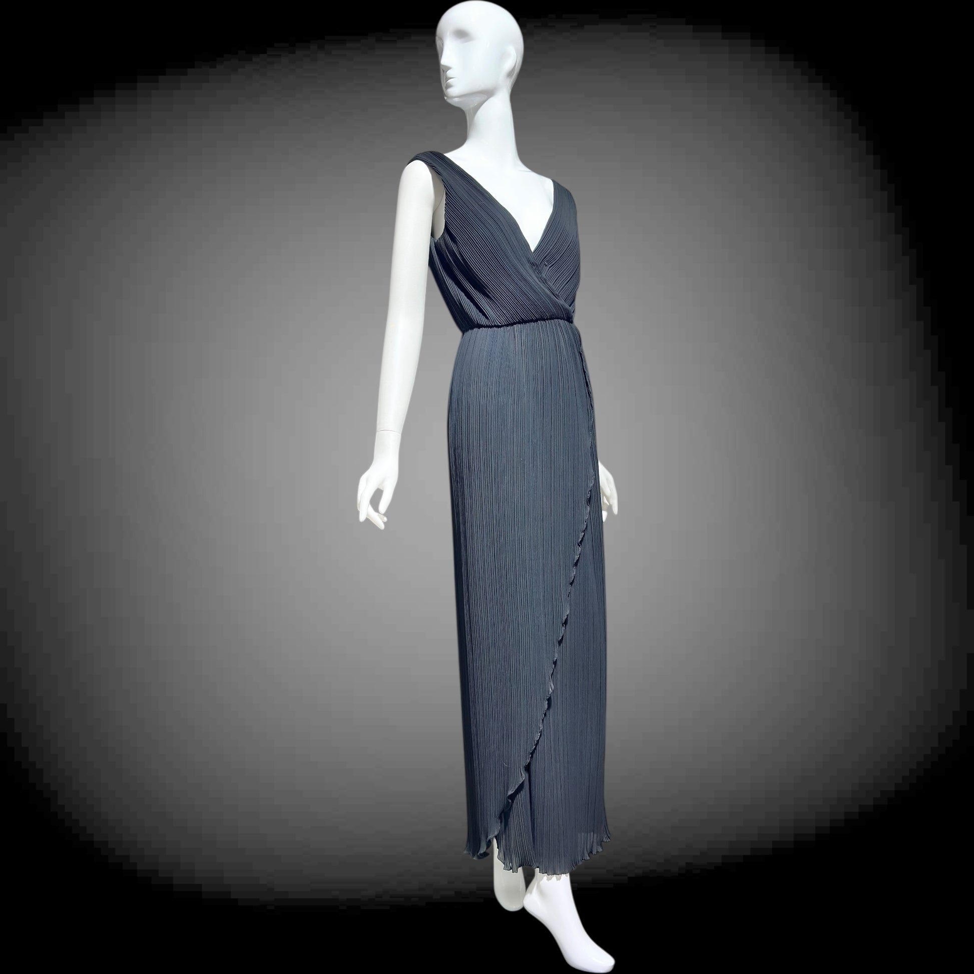 MARSHALL ROUSSO Las Vegas, vintage 1970s evening dress, black pleated plisse wrap front grecian goddess gown