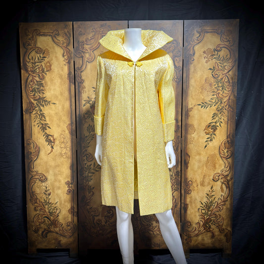 MARTYS Vintage 1950s evening swing coat, Yellow silk jacquard Easter Spring Dress coat