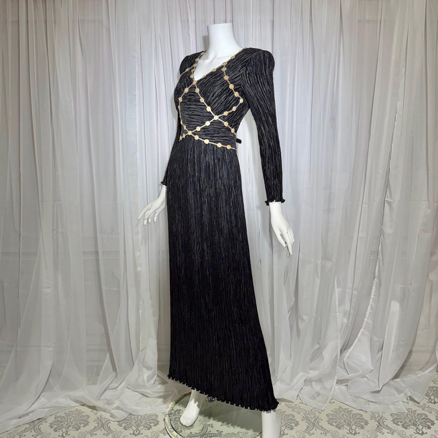 MARY MCFADDEN COUTURE vintage evening dress, 1980s black beaded plisse pleats gown