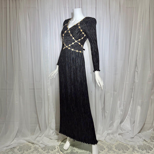 MARY MCFADDEN COUTURE vintage evening dress, 1980s black beaded plisse pleats gown