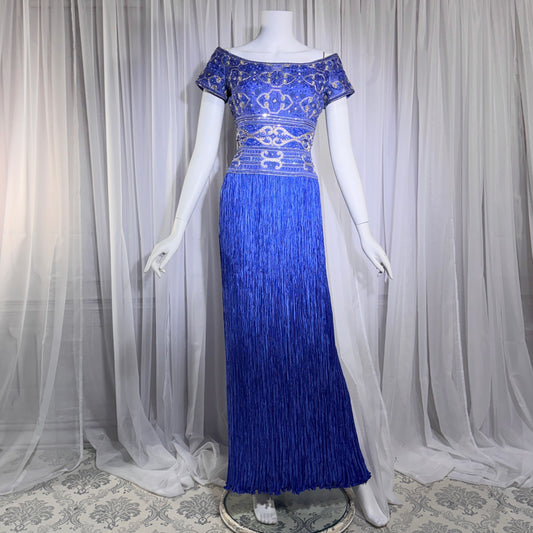 MARY MCFADDEN COUTURE vintage evening dress gown, 1980s royal blue beaded plisse gown