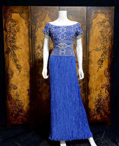 MARY MCFADDEN COUTURE vintage evening dress gown, 1980s royal blue beaded plisse gown