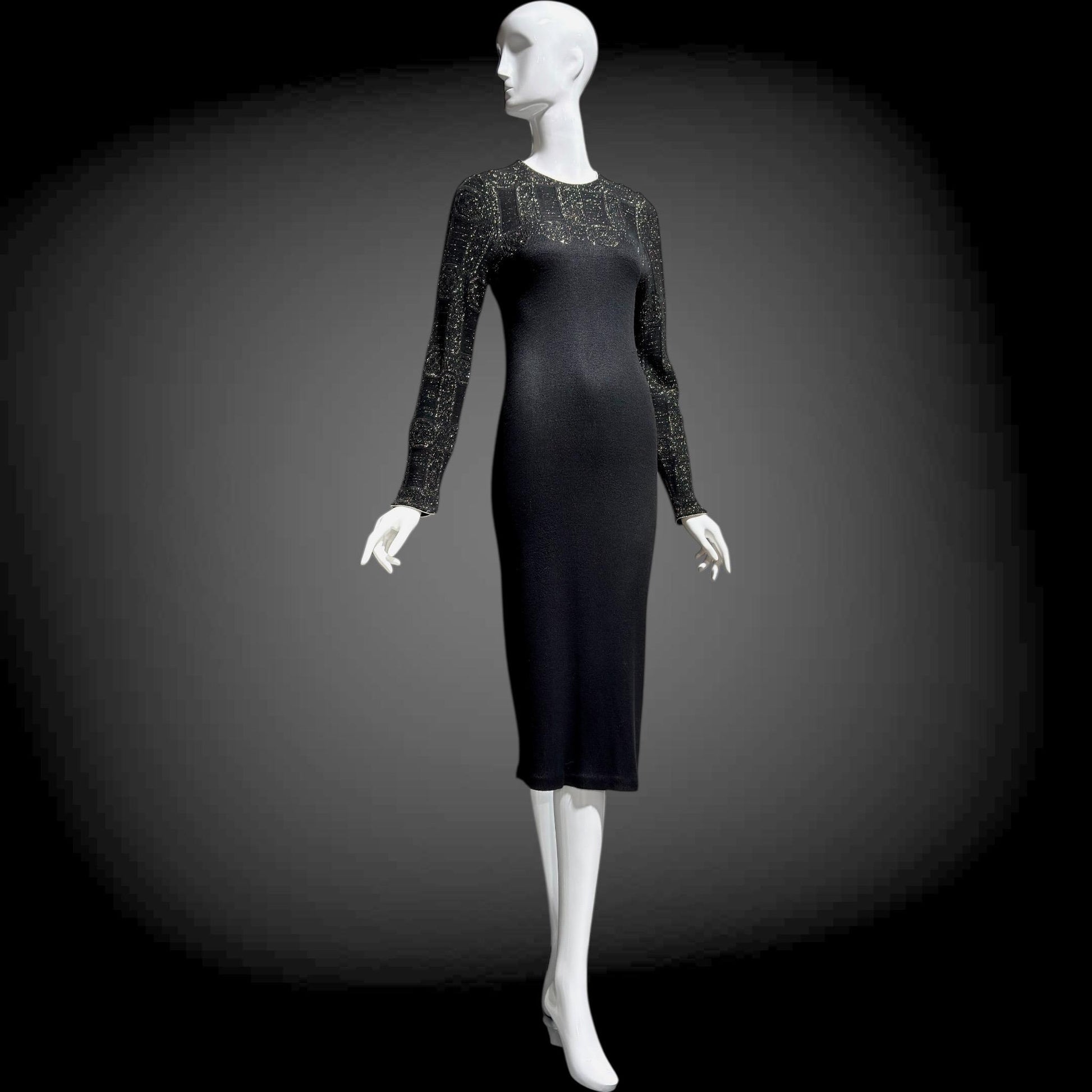 MARY MCFADDEN vintage 1970s knit cocktail dress, Black Gold Long Sleeve Office Party dress